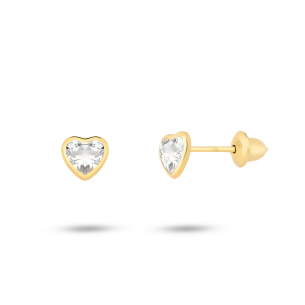 Brinco infantil coração em Ouro Amarelo 18K com Zircônia branca