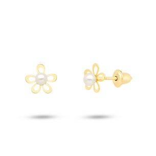 Brinco Infantil em Ouro 18K Flor com Pérola