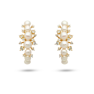 Brinco em Ouro Amarelo 18K com Safiras Brancas e Pérolas  