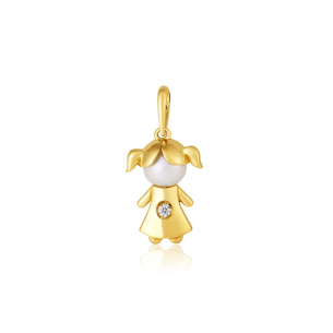 Pingente Ouro Amarelo 18K menina com Pérola e Diamante