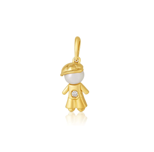 Pingente Ouro Amarelo 18K menino com Pérola e Diamante