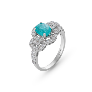 Anel com Turmalina Paraíba e Diamantes em Ouro Branco 18K