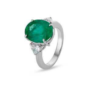 Anel com Esmeralda e Brilhantes em Ouro Branco 18K