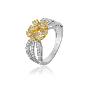 Anel Flor de Diamantes Fancy Yellow e Brilhantes em Ouro Branco 18K