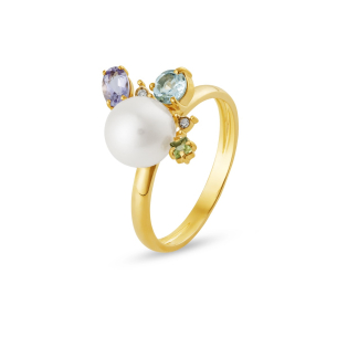Anel com Pérola, Peridoto, Topázio e Ametista em Ouro Amarelo 18K