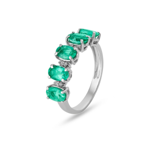 Anel com Esmeraldas e Diamantes em Ouro Branco 18K