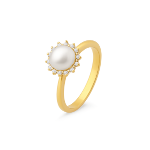 Anel com Pérola e Diamantes em Ouro Amarelo 18K