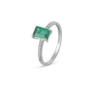 Anel com Esmeralda e Diamantes em Ouro Branco 18K