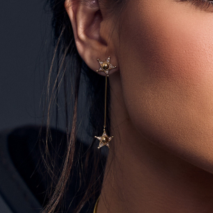 Brincos Estrelas 2 em 1 em Ouro Amarelo 18K com Diamantes