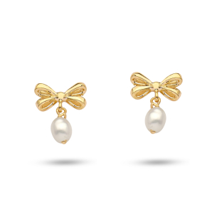 Brinco Infantil Laço com Pérola em Ouro Amarelo 18K