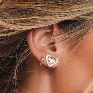 Brinco coração com Pedras Coloridas em Ouro Amarelo 18K 