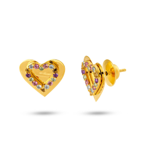 Brinco coração com Pedras Coloridas em Ouro Amarelo 18K 