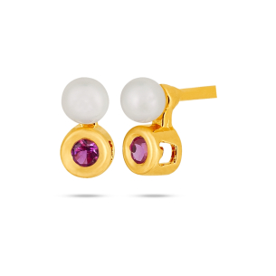 Brinco Infantil em Ouro Amarelo 18K com Rubi e Perola  