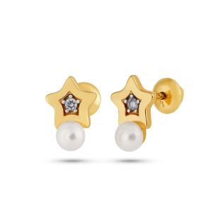 Brinco Infantil em Ouro Amarelo 18k, Diamantes e Pérola Estrela Petit 