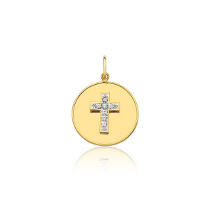 Pingente Medalha Cruz com Diamantes em Ouro Amarelo 18K 