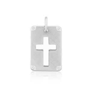 Pingente placa com cruz em Ouro Branco 18K